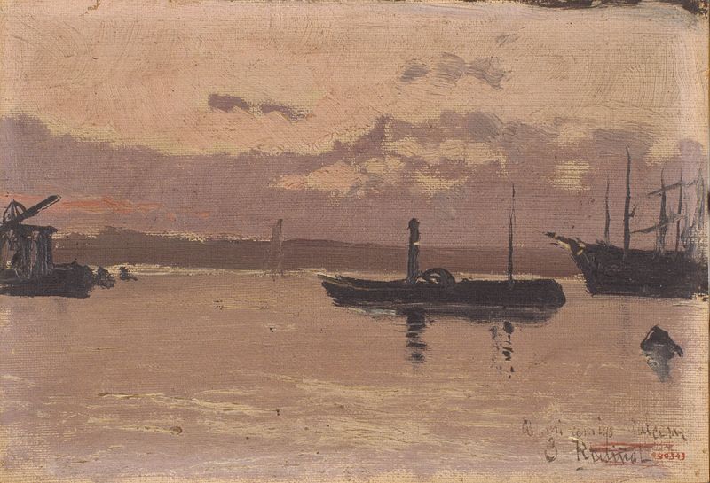 Acuarela de Santiago Rusiñol que representa un puerto con barcos y luz del sol sobre el agua.