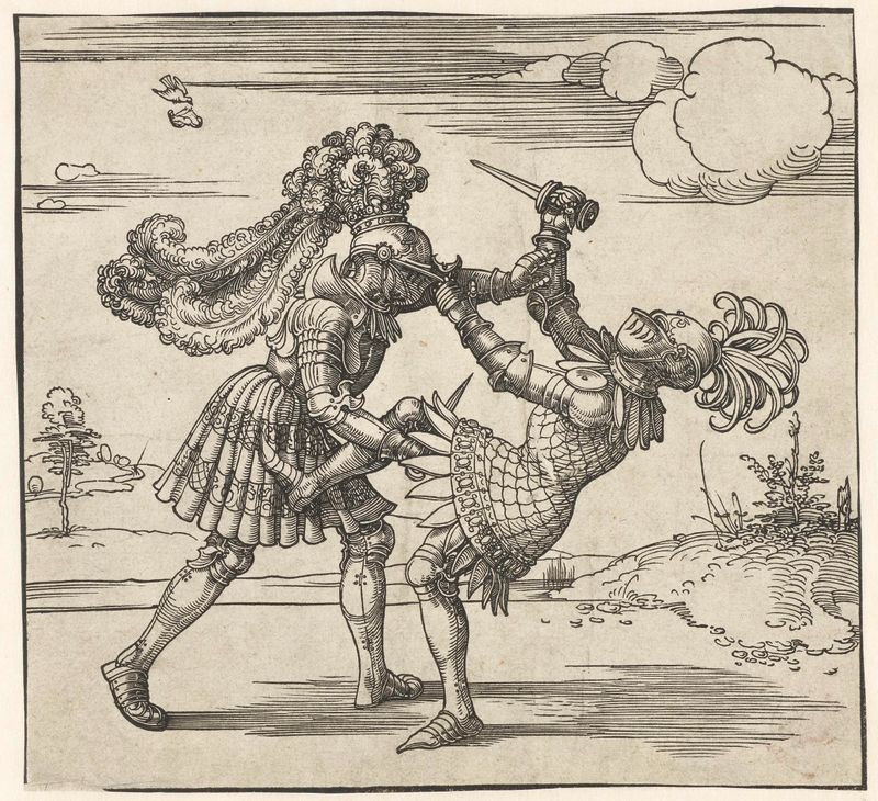 Twee ridders in gevecht, gravura de Albrecht Dürer, cavaleiros armados em combate