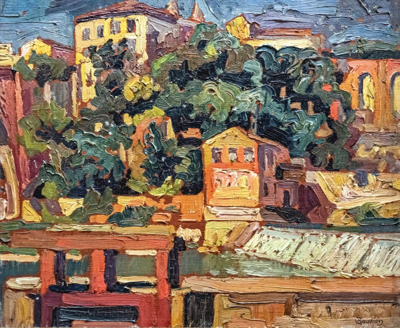 Landscape featuring a mill and river by Georges Gaudion, Impressionism