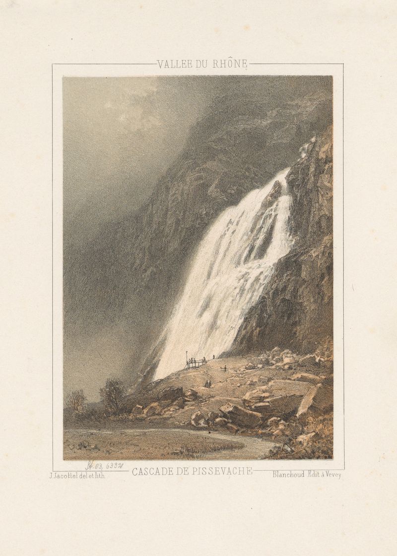 Cascade de Pissevache by Jean Jacottet, oil painting depicting a waterfall in a natural landscape.