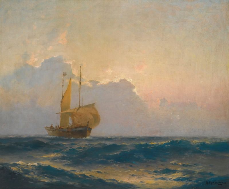 Pintura a óleo de Alexei Vasilievich Hanzen retratando a silhueta de um navio ao crepúsculo.