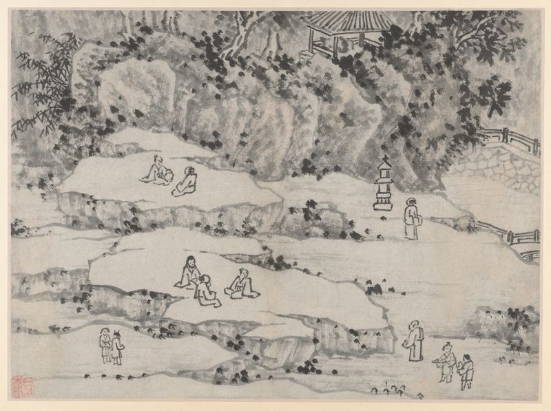 Landscape featuring The Nodding Stone Terrace by Shen Zhou, Chinese traditional painting