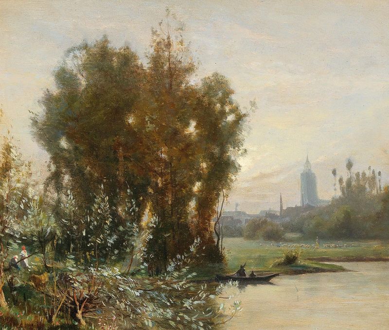 Paisagem fluvial com uma cidade ao fundo, óleo sobre tela de Camille Flers
