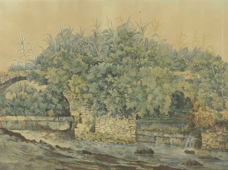 Pintura al óleo de Jacob Philipp Hackert que muestra un puente de piedra en ruinas rodeado de vegetación exuberante.