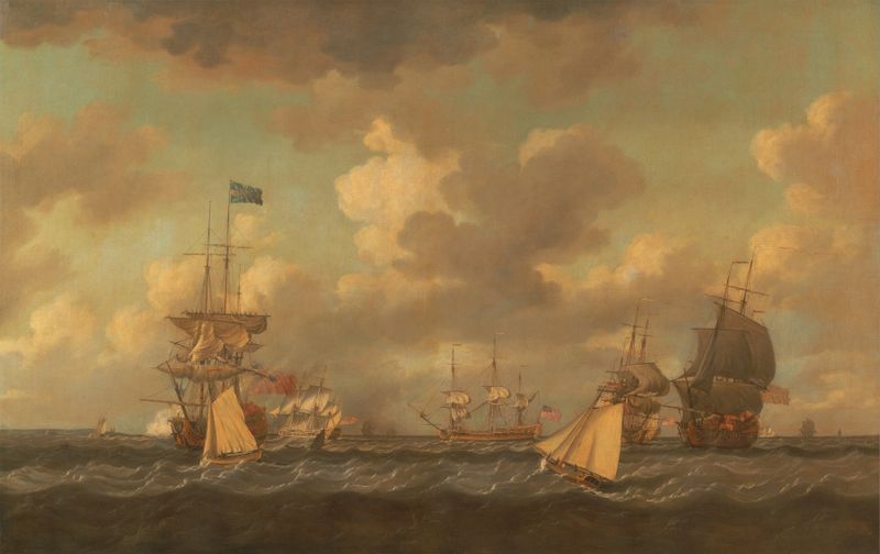 Marine scene with ships and sails in a fresh breeze by Dominic Serres, oil painting