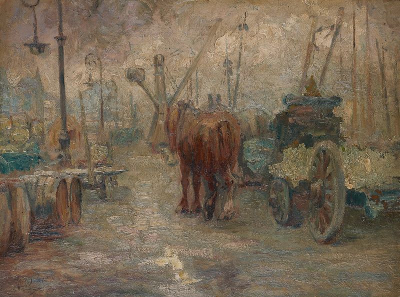Cena marinha com barcos e figuras de Jozef Mous, pintura a óleo