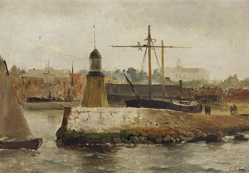 Malmø Havn, gråvejr by Carl Frederik Sørensen, oil on canvas depicting a harbor with gray skies and gentle waves.