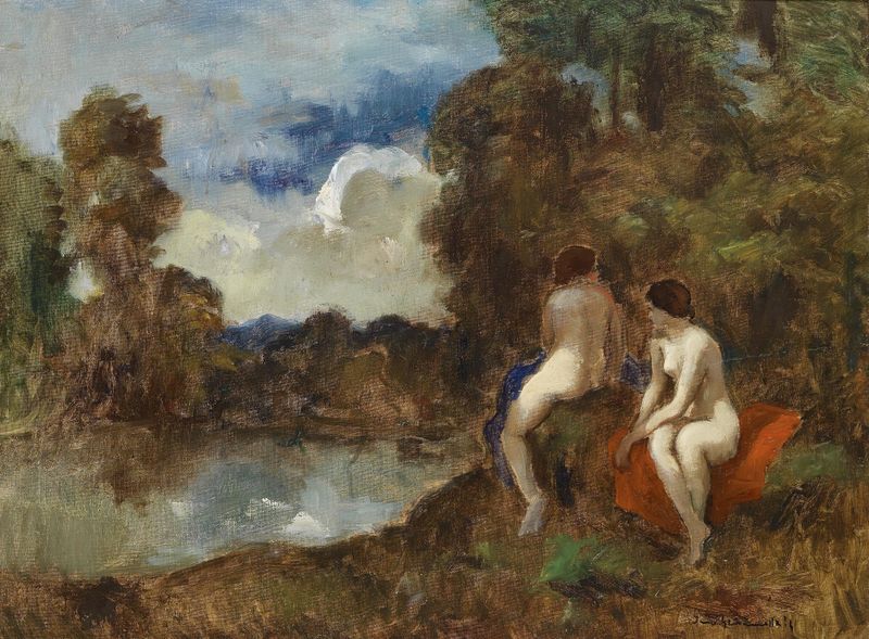 Figuras nuas perto de um lago com luz filtrada, pintura a óleo de Bela Ivanyi-Grünwald