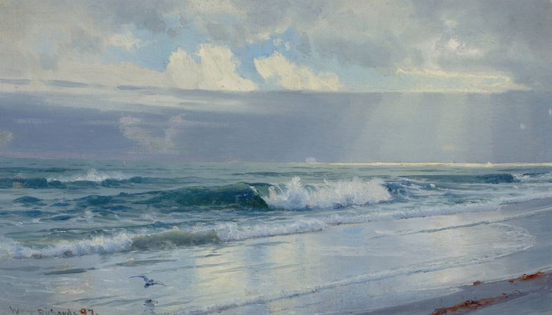 Pintura al óleo de olas rompiendo en la costa por William Trost Richards