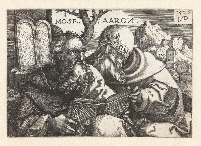 Grabado de Hans Sebald Beham que representa a dos figuras religiosas con claroscuro.