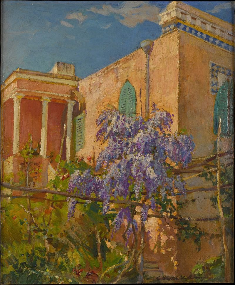 A house with flowering trees along the Amalfi Coast of Italy, oil painting by Constantin Westchiloff