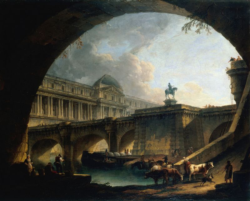 Caprice architectural by Pierre-Antoine Demachy, depicting a palace and bridge, unknown medium