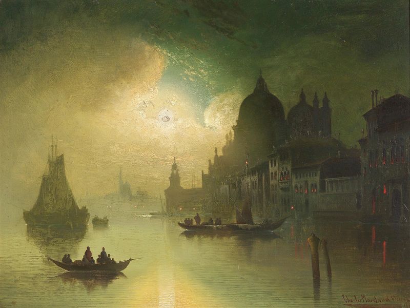 A Moonlit Night over Venice de Karl Kaufmann, pintura romântica a óleo