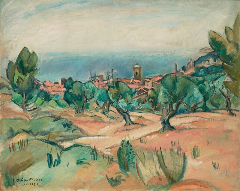 Oil painting by Emile Othon Friesz depicting a vibrant coastline and turbulent sea.