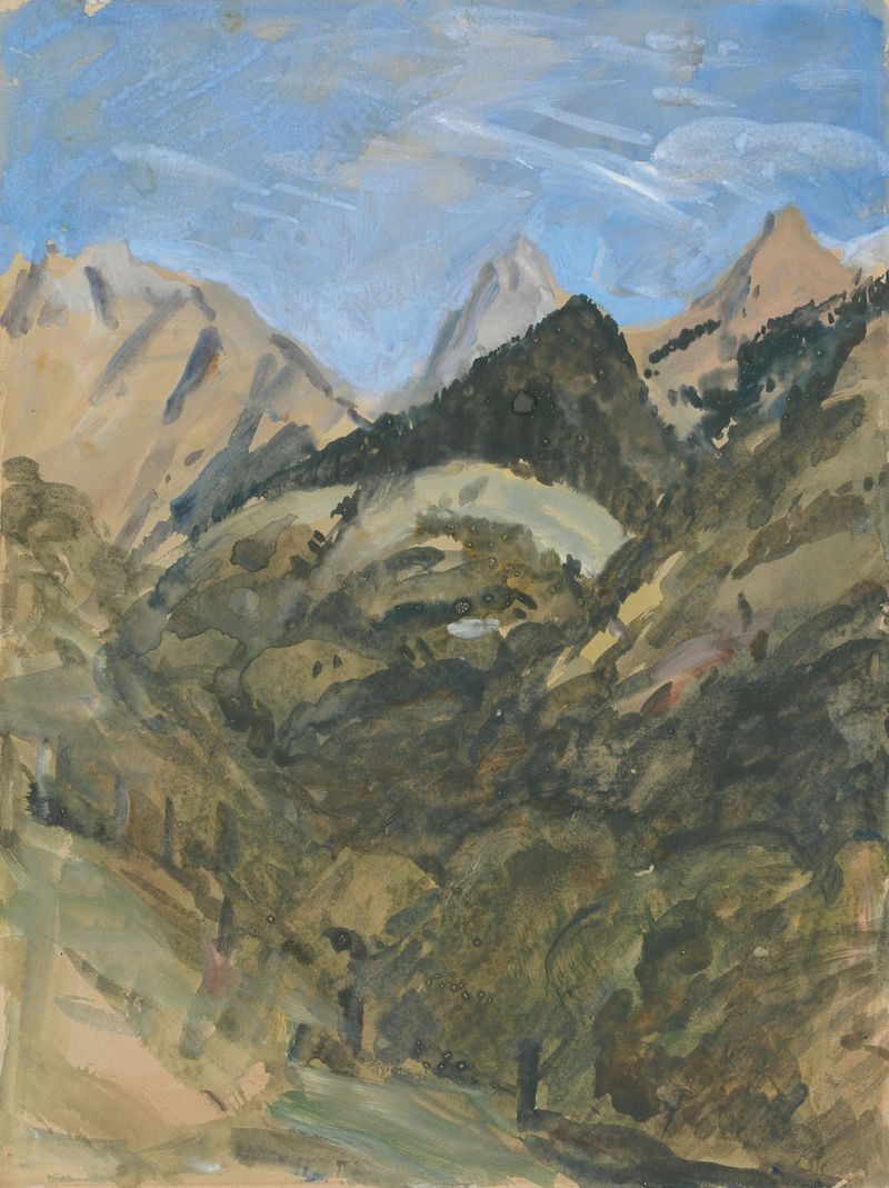 A Mountain View de Hercules Brabazon Brabazon, pintura a óleo que retrata montanhas vibrantes.