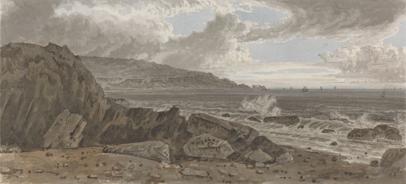 The Needles from Alum Bay by George Barret Jr., oil painting of vertical rock formations and a stormy sky.