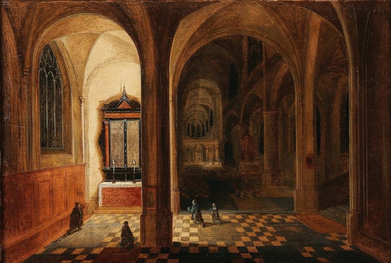 Church interior with worshippers at prayer, oil on panel by Pieter Neeffs the younger