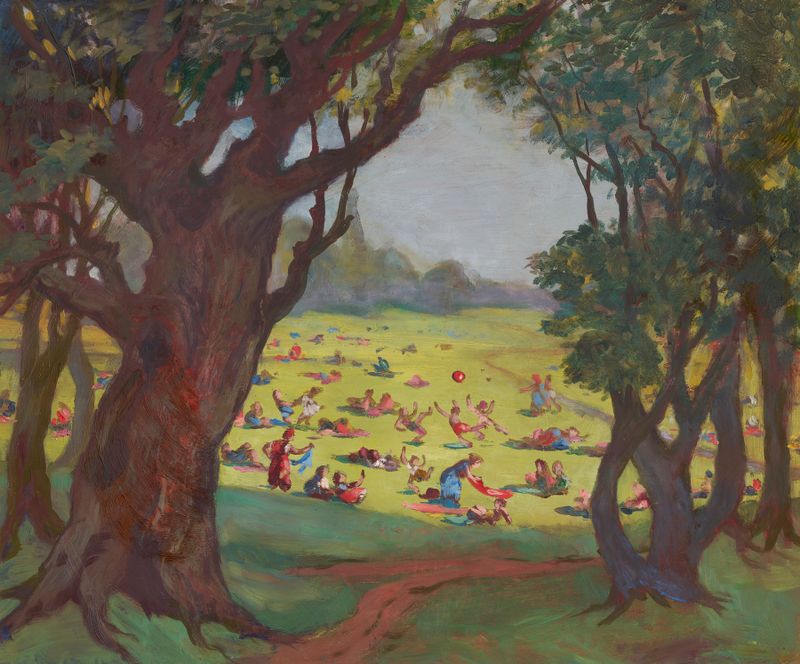 Escena de género que muestra niños alrededor de un carrusel colorido, óleo sobre lienzo de Alice Wanke