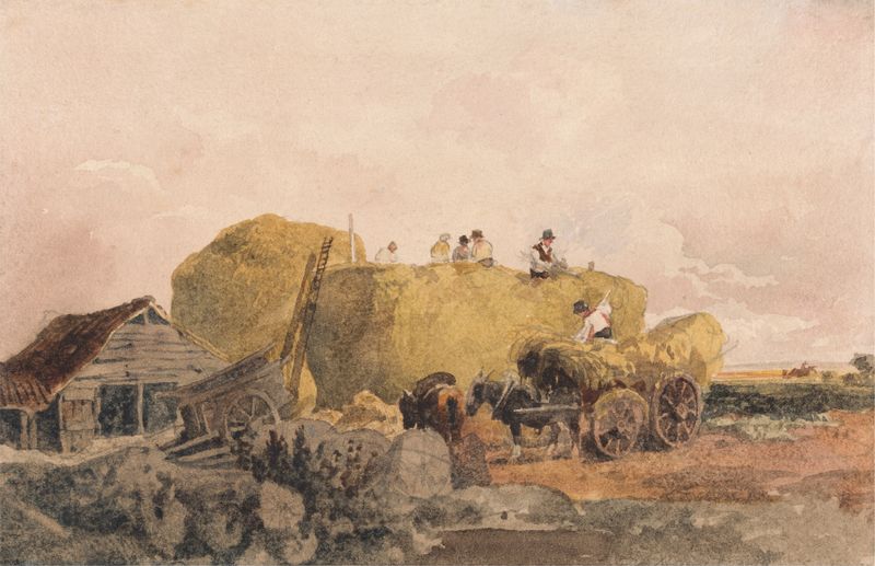Acuarela de Peter DeWint que representa un heno iluminado por la luz del sol.