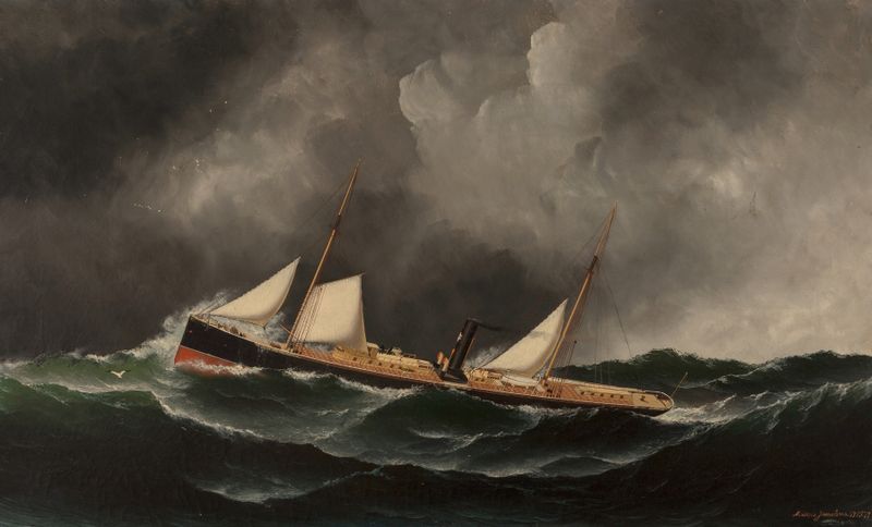 Óleo sobre tela de Antonio Jacobsen retratando um vapor no oceano com a luz do sol refletindo na água.