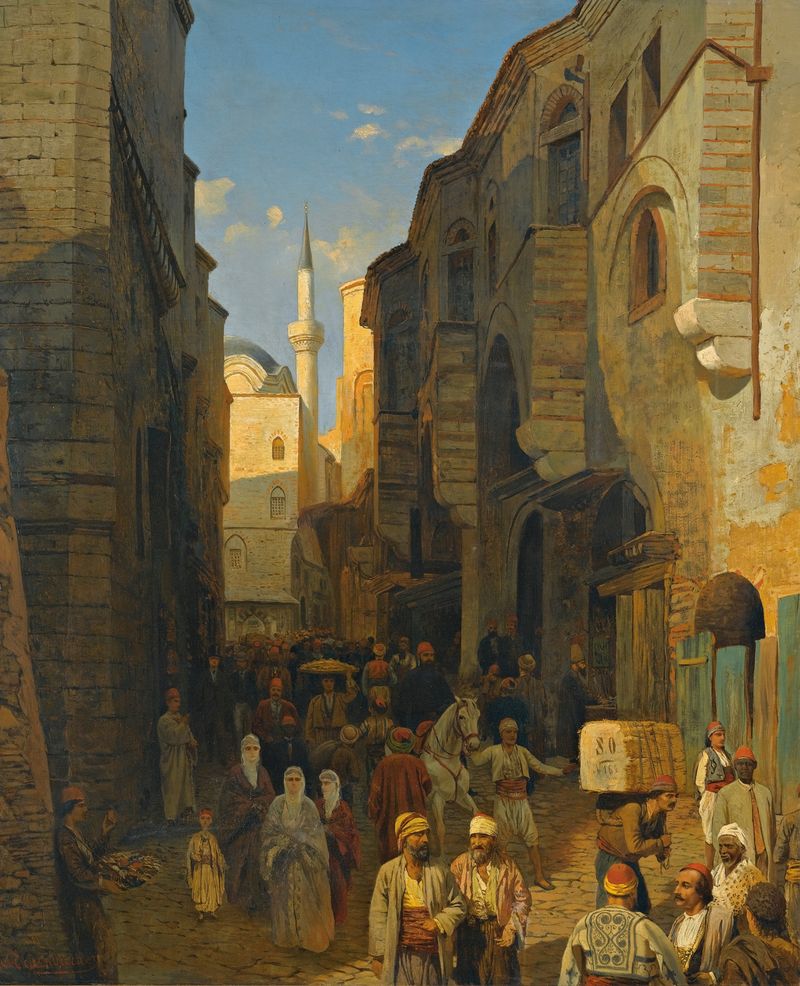 A Busy Street In Tangiers de Themistokles Von Eckenbrecher, pintura a óleo que retrata uma cena de rua movimentada.