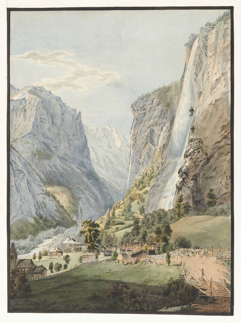 La Chute du Staubbach, an oil painting by Franz Niklaus König depicting a waterfall in a valley.