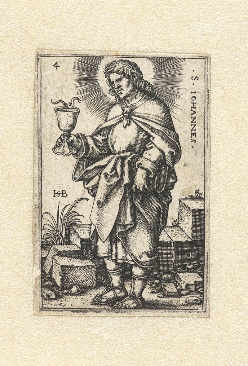 Gravura de João Evangelista de Hans Sebald Beham, apresentando uma figura em uma túnica.