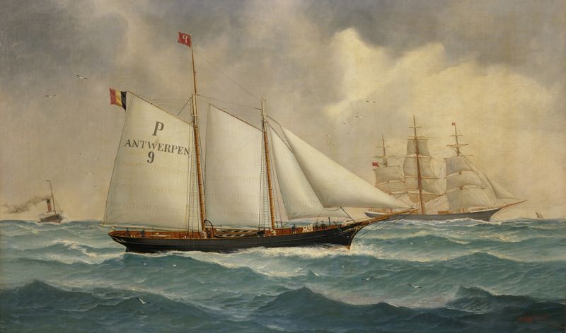 Loodsschoener 9 van het Belgisch loodswezen by John-Henry Mohrmann, oil on canvas depicting a calm ship on water.