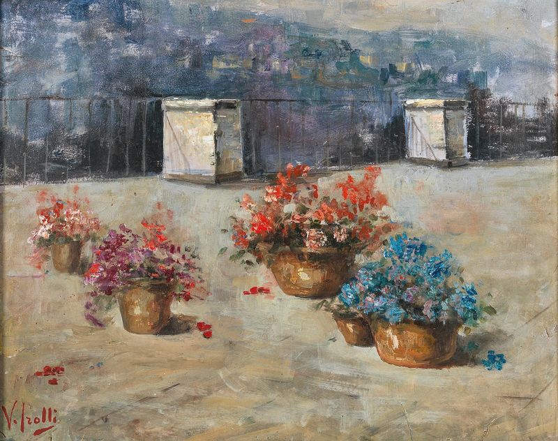 Escena interior con una terraza iluminada por el sol y macetas de flores de Vincenzo Irolli