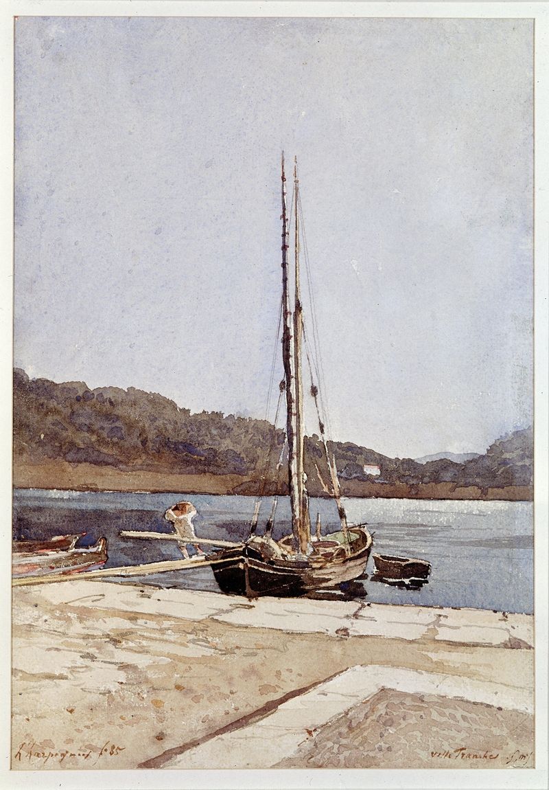 Villefranche de Henri-Joseph Harpignies, óleo sobre lienzo, paisaje sereno con cielo vibrante.