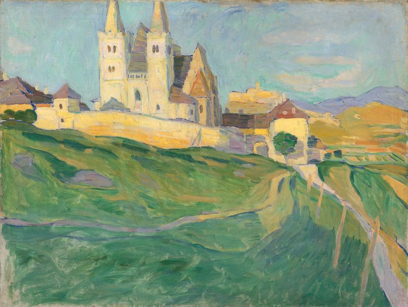 Spišská Kapitula by Konštantín Kövári-Kačmarik, oil on canvas depicting a cathedral and landscape.
