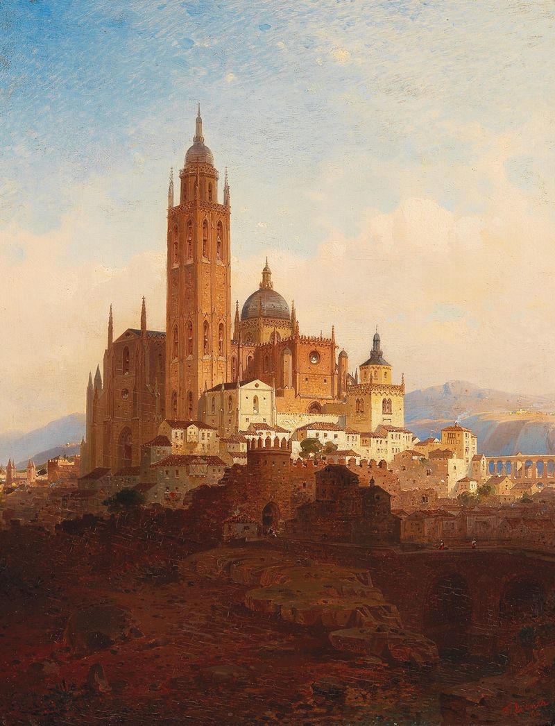 Cathedral In Segovia de Friedrich Eibner, pintura al óleo que representa un horizonte con agujas y luz.