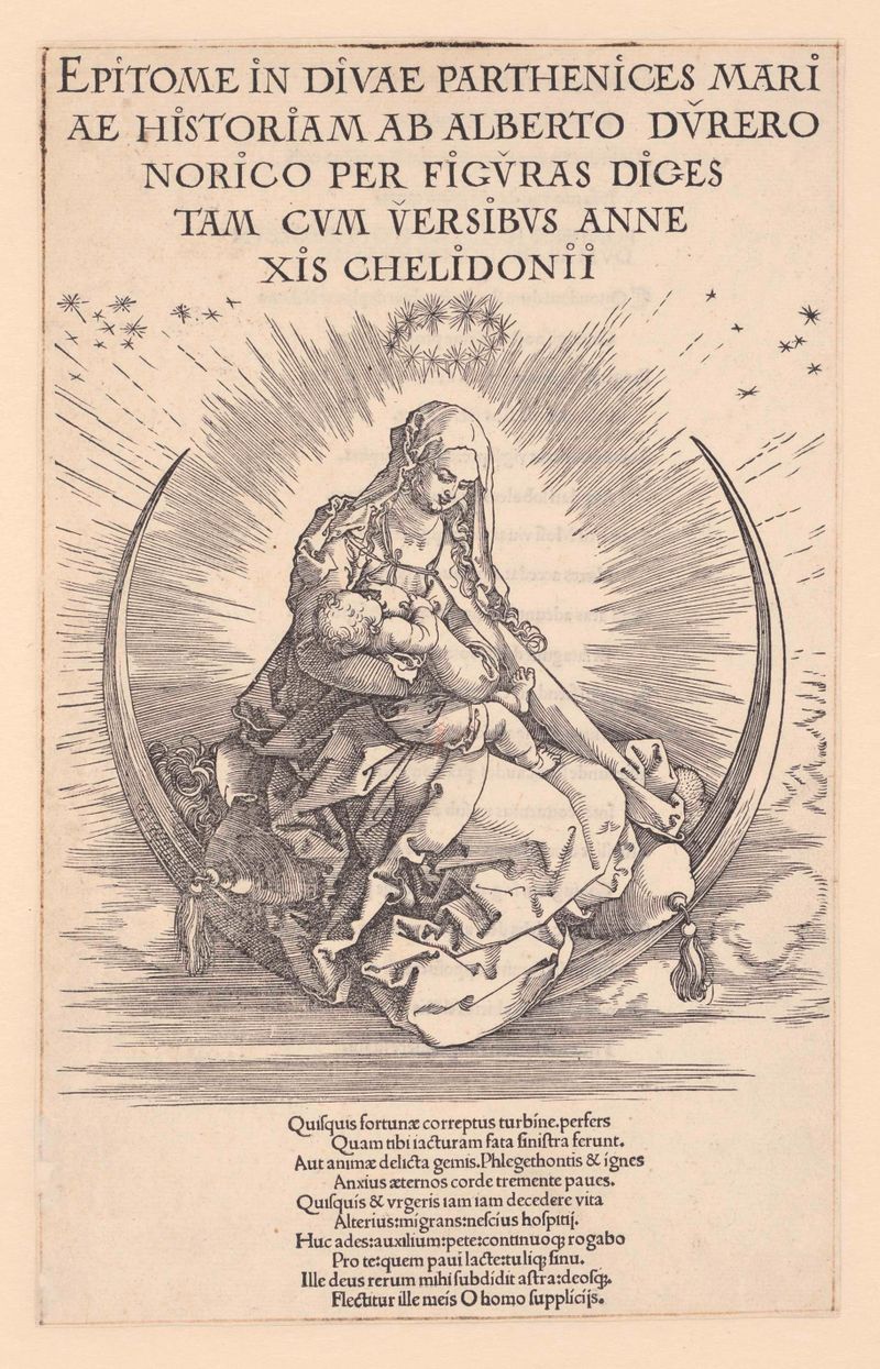 Gravura de Albrecht Dürer representando a Madonna cercada por um coro celestial