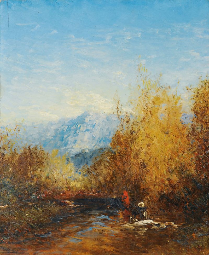A Group Of People In A Mountain Landscape de Félix Ziem, figuras contra montañas, pintura al óleo.