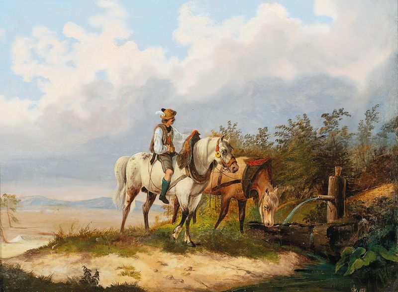 Reiter Mit Pferden Bei Der Tränke de Alois Bach, óleo sobre tela, representando cavaleiros e cavalos perto da água