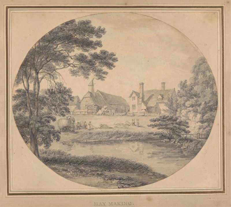 Haymaking by Thomas Hearne, depicting laborers in a hayfield, oil painting