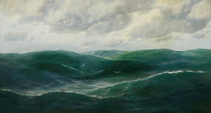 Choppy Seas by Max Jensen, oil painting depicting turbulent ocean waves and stormy skies.
