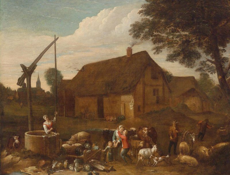 Genre scene depicting a farmyard with cattle and fields by Egbert van der Poel