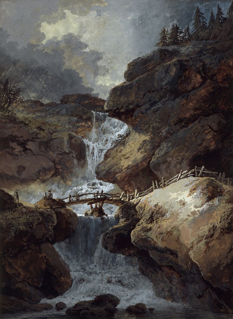 Waterfall in a rocky gorge during a storm by Johann Heinrich Wüest, oil painting