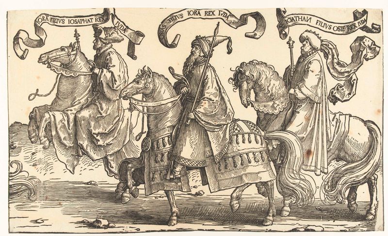 Cena histórica com Joram, Uzzia e Jonathan, óleo de Lucas van Leyden