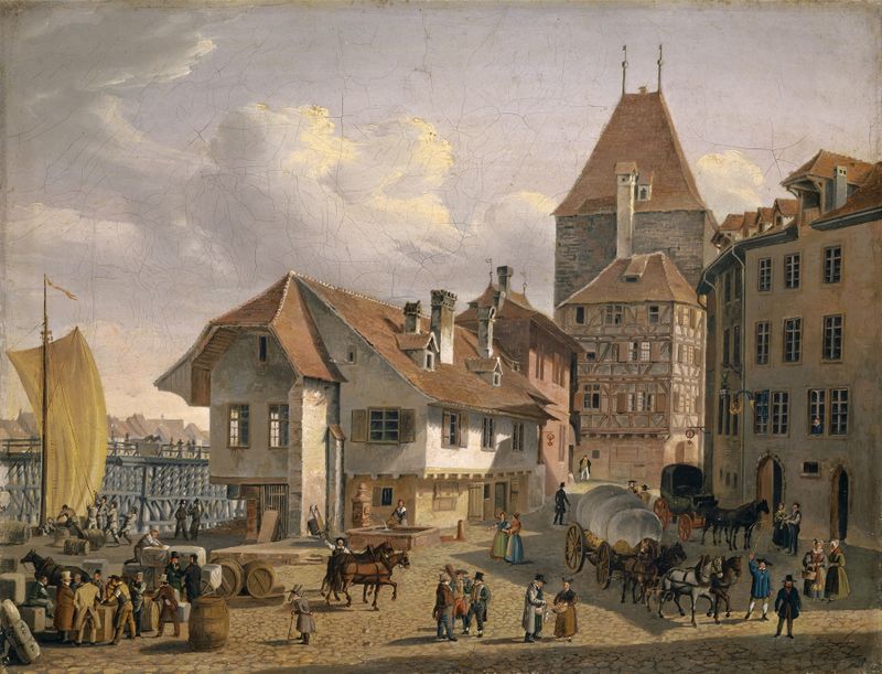 The Schifflände in Basel, óleo sobre lienzo de Konstantin Guise, que presenta el río Rin y la ciudad.