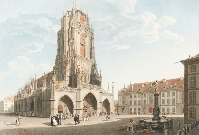 Vue de la Cathédrale de Berne, oil on canvas by Gabriel Lory the older, depicting a cathedral with spires.