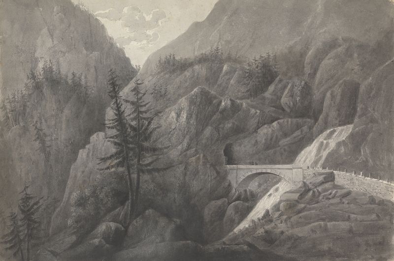 Watercolour by Isaac Weld depicting a serene landscape with mountains and trees.