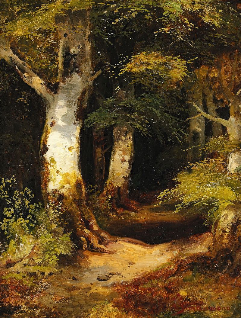 Waldweg de Albert Zimmermann, óleo sobre tela que retrata um caminho florestal com luz filtrada.