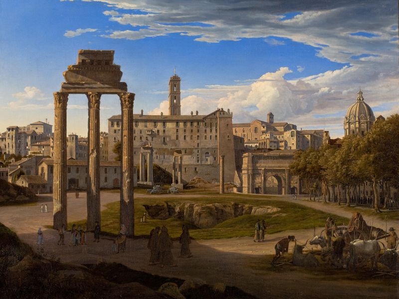 Oil on canvas by Johann Heinrich Schilbach depicting ancient columns against a vibrant sky