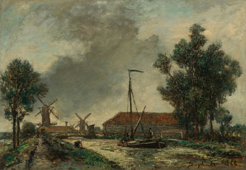 La Passerelle, Hollande de Johan Barthold Jongkind, óleo sobre lienzo que representa un puente sobre un río