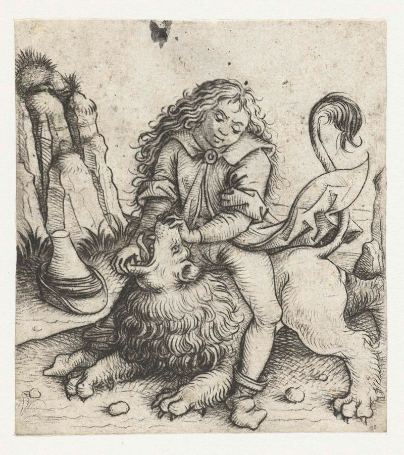 Simson overwint de leeuw, drypoint de Meester van het Amsterdamse Kabinet representando Simson e um leão derrotado.