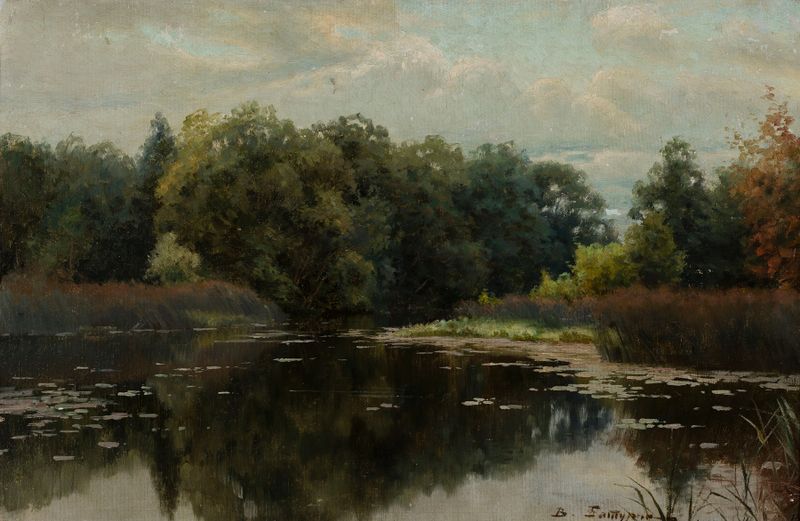 Pond by Viktor Baturin, oil on canvas, depicting a serene landscape with reflections.