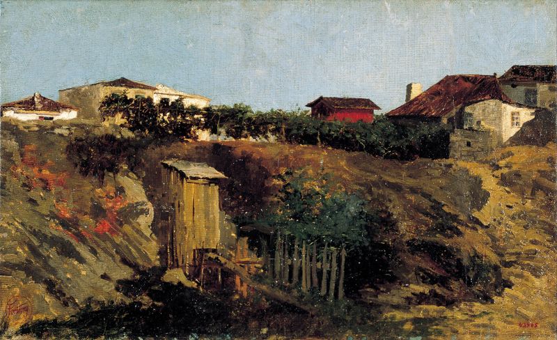 Portici Landscape by Mariano Fortuny Marsal, oil on canvas depicting a luminous sky and graceful porticoes.