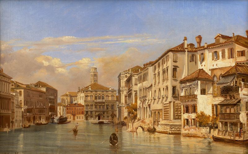 Gondoles sur le Grand canal, Venise by Eugène Flandin, oil painting depicting gondolas on a canal.